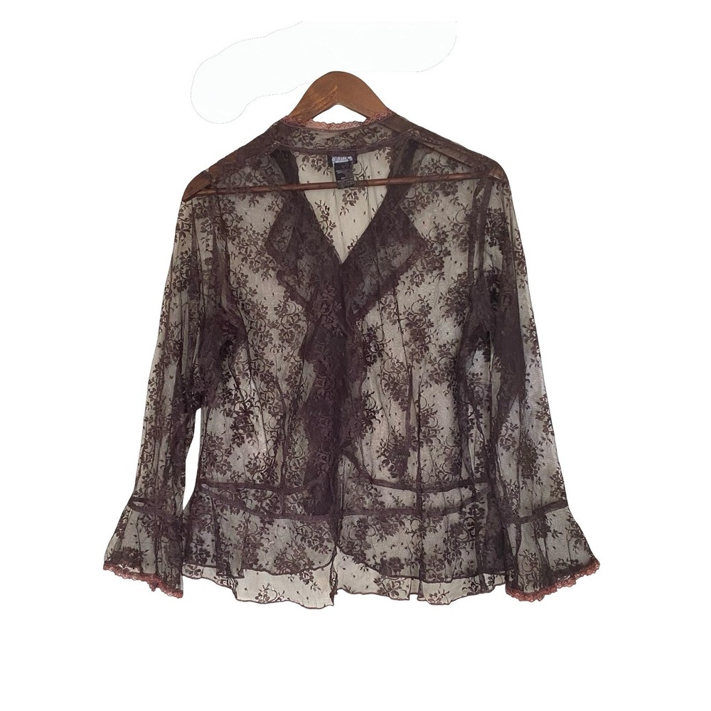 NY Collection Brown Sheer Lace Ruffle Button Front Blouse Size 1X